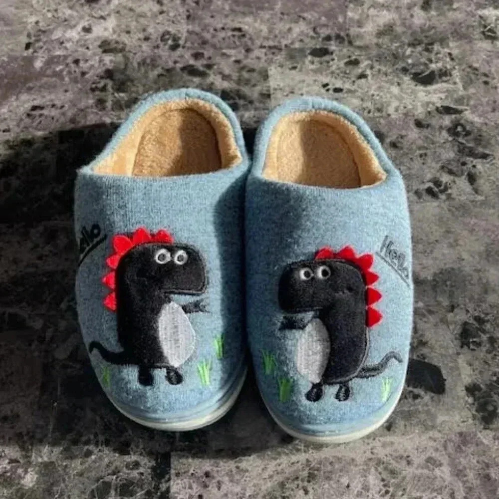 INMINPIN Boys House Slippers Size Kids 14-14.5 Blue slip-on  Dinosaur-themed